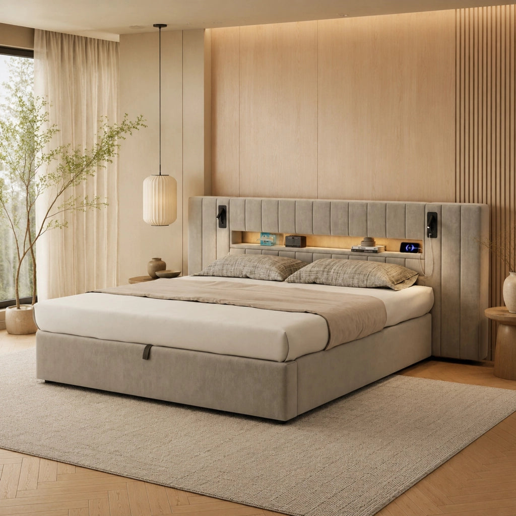 Letto contenitore 180 × 200 cm con USB-A e USB-C LED 16 colori lampada da comodino velluto grigio