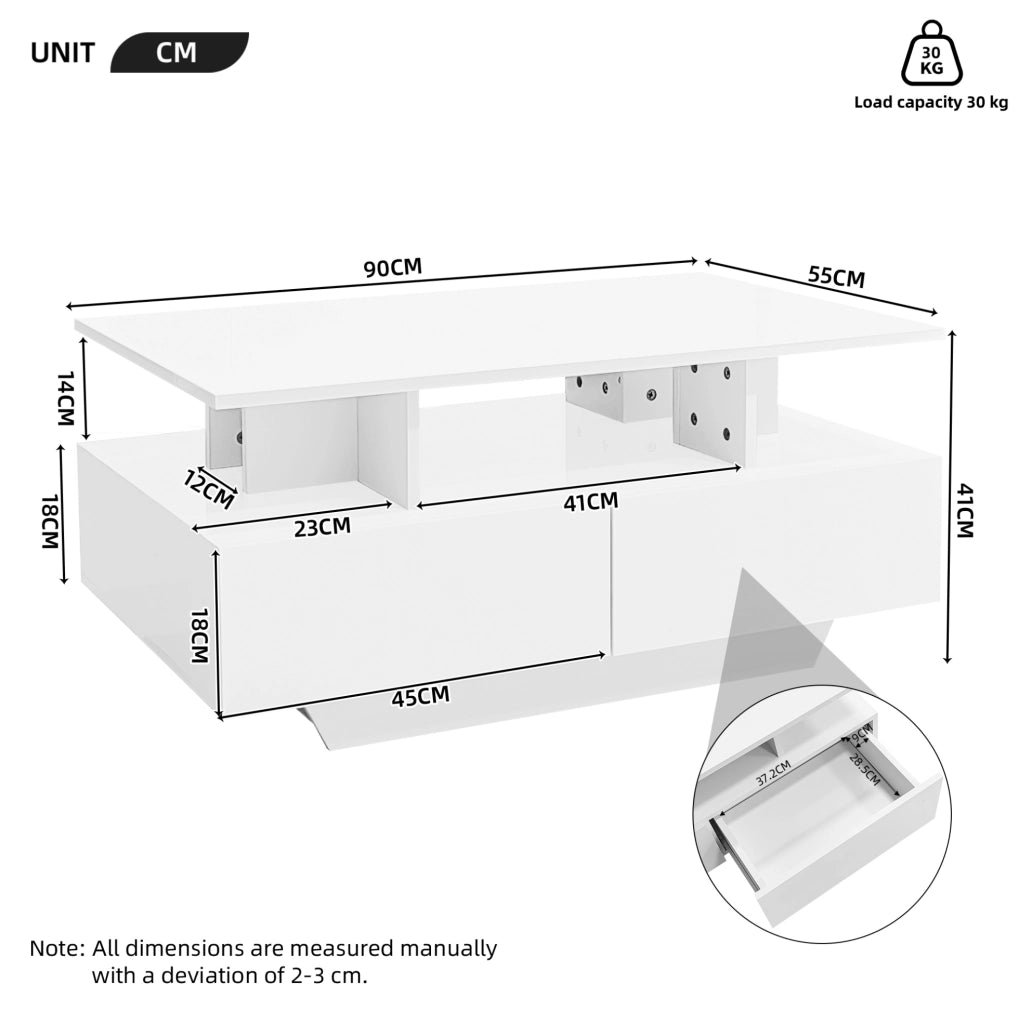 TAVOLINO DA CAFFÈ 90x55x41 cm Bianco lucido con LED e 2 cassetti
