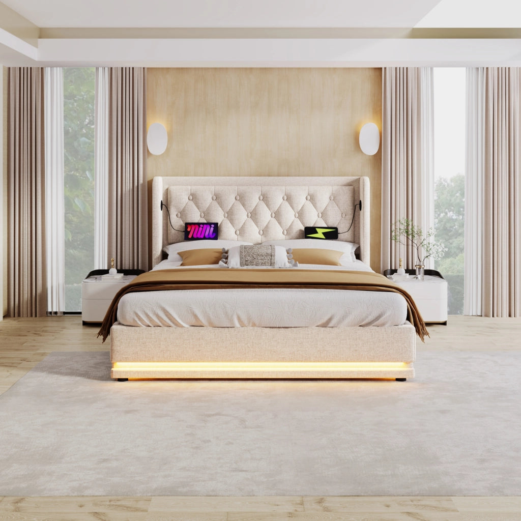 LETTO Contenitore 180x200 cm Cotone Beige con USB e LED