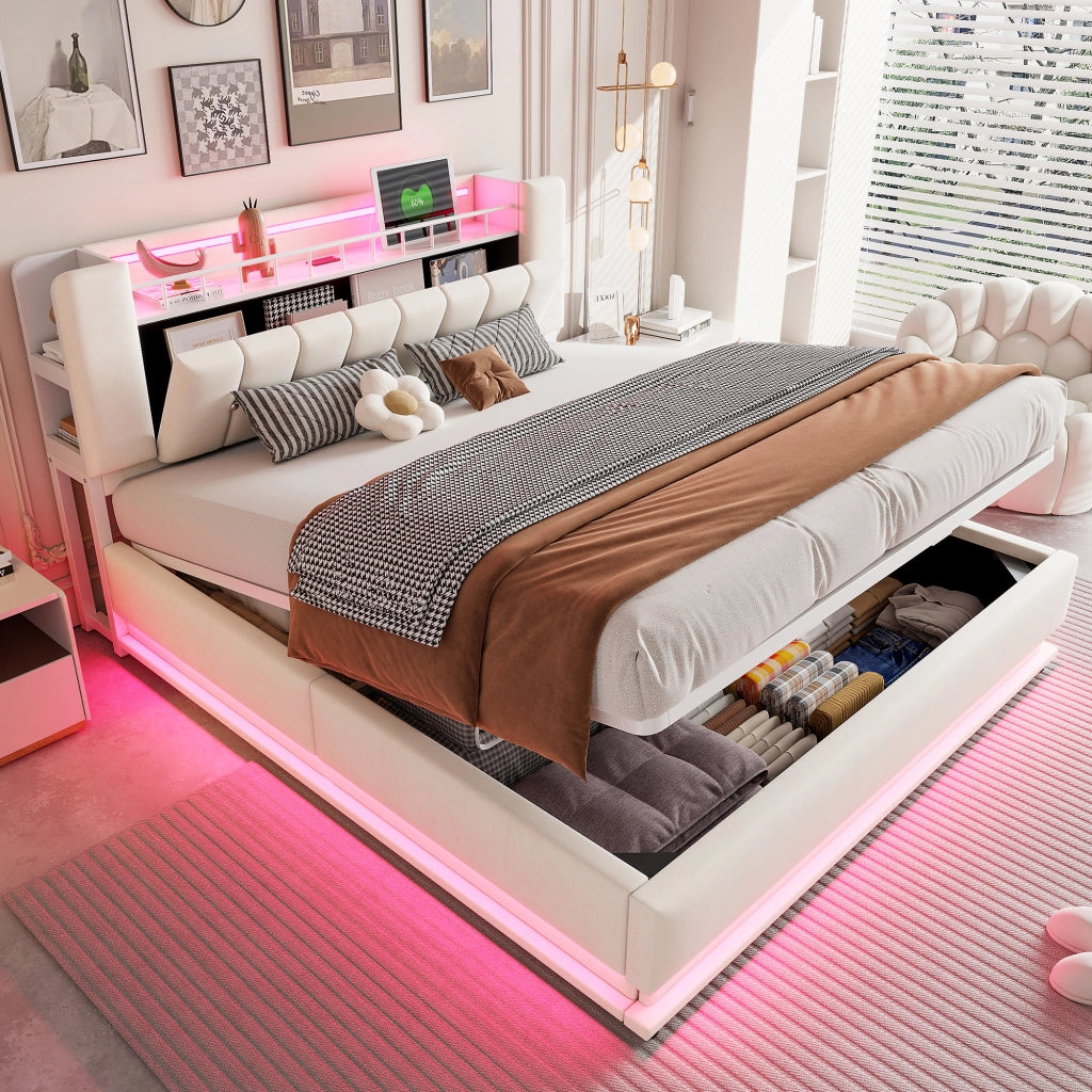 Letto matrimoniale imbottito 180x200 beige con LED e contenitore; velluto e metallo