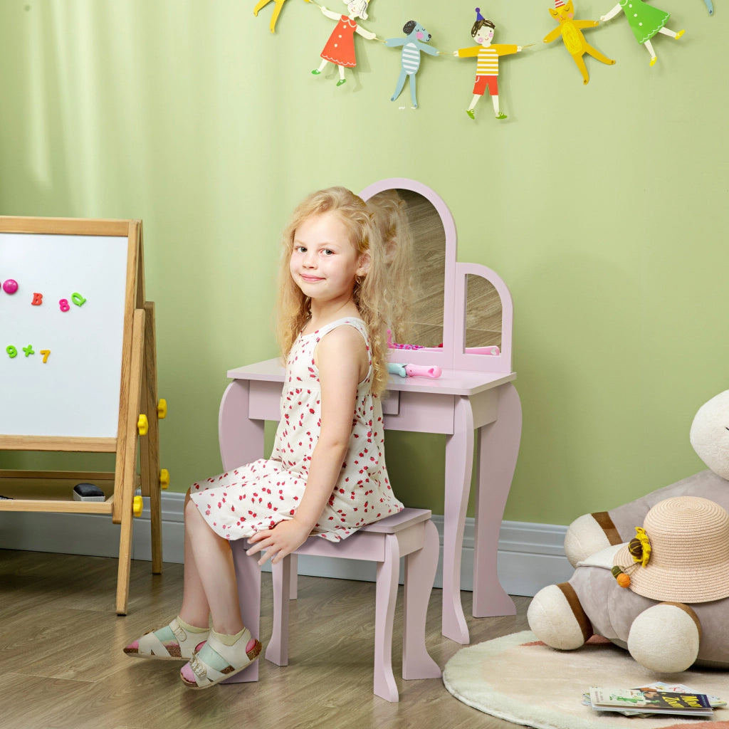 EasyComfort Tavolo per Trucco per Bambine 3-6 Anni con Sgabello, Cassetti e Specchio Coordinato in Acrilico, Rosa