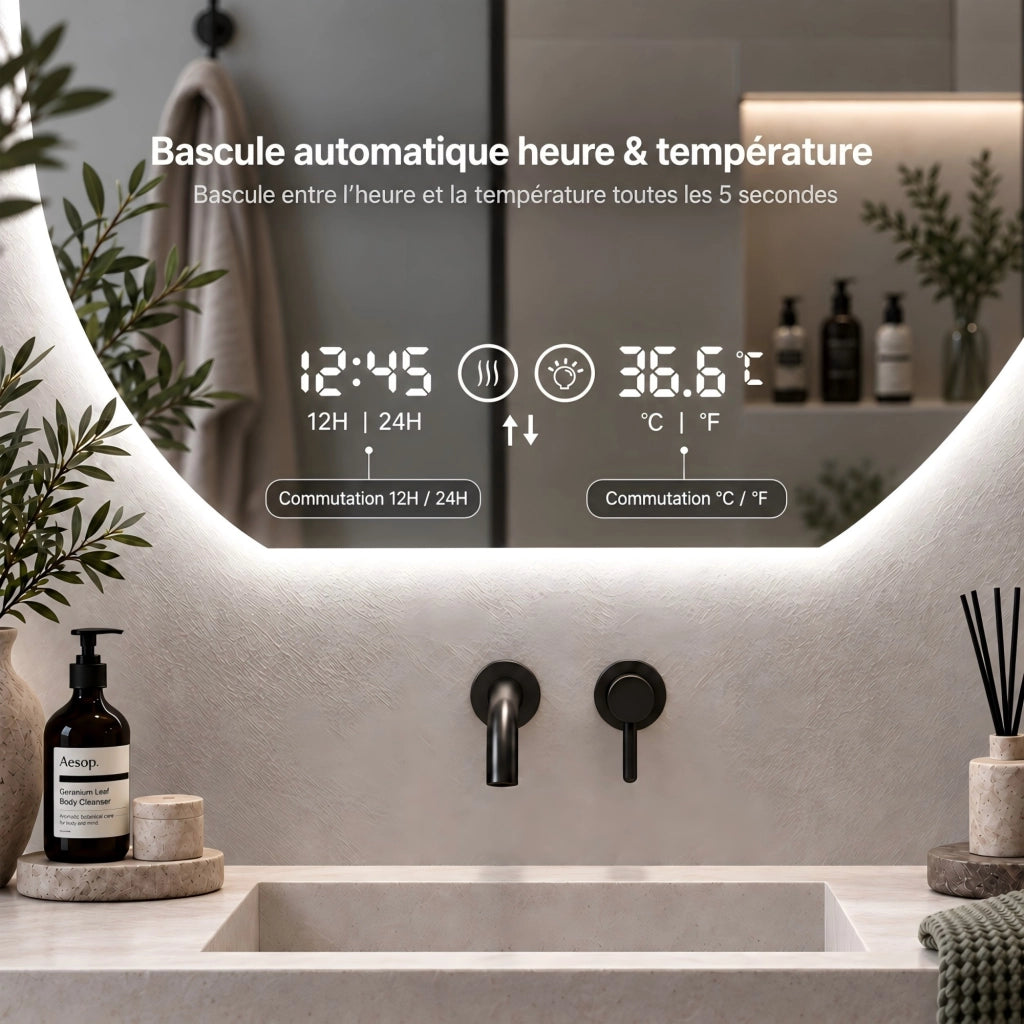Specchio da bagno LED con luce dimmerabile e antiappannamento; 3 temperature di colore; orologio e temperatura