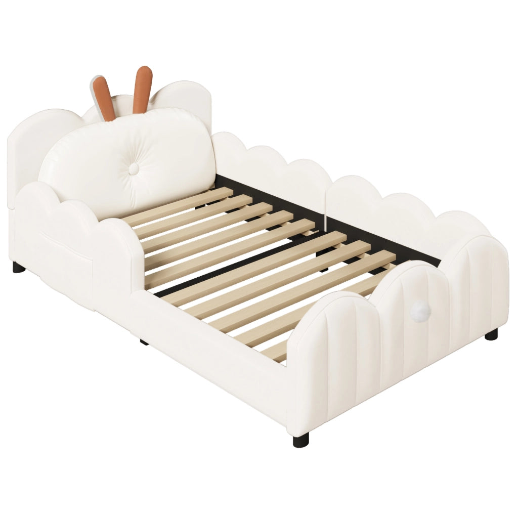 Letto a piattaforma imbottito 90x200 cm con cuscino a forma di coniglio; beige