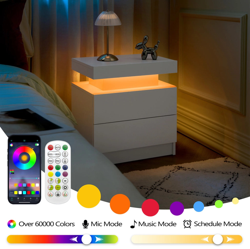 Comodino moderno bianco con LED multicolore regolabile; 2 cassetti e vano a giorno