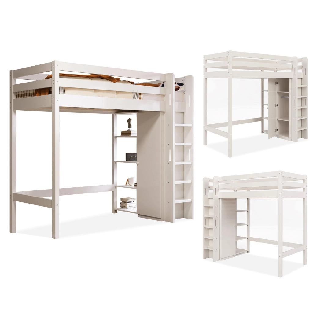 Letto a soppalco per bambini 90x200 cm; bianco con armadio e 6 scaffali