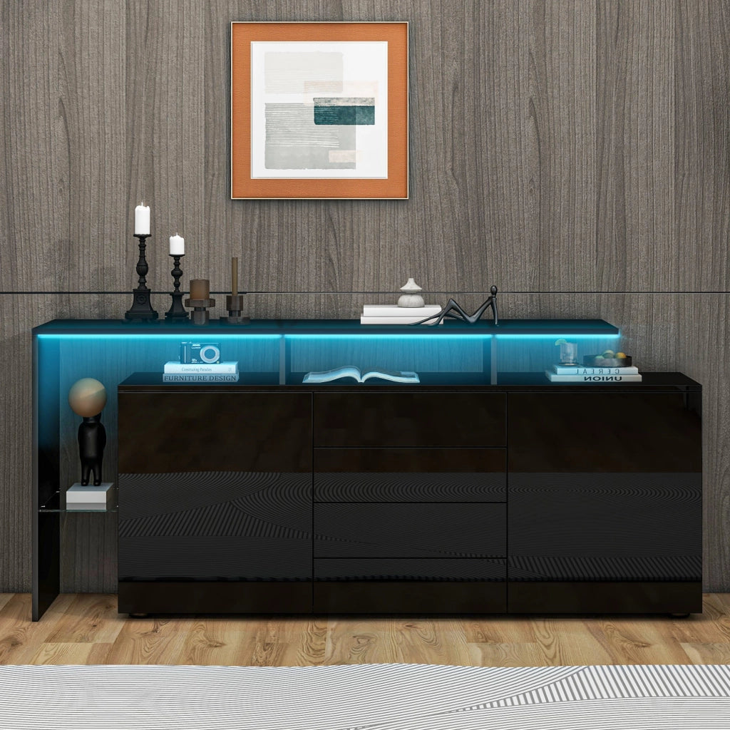 Sideboard con LED e USB 160 cm; 4 cassetti; 2 ante; in truciolare nero