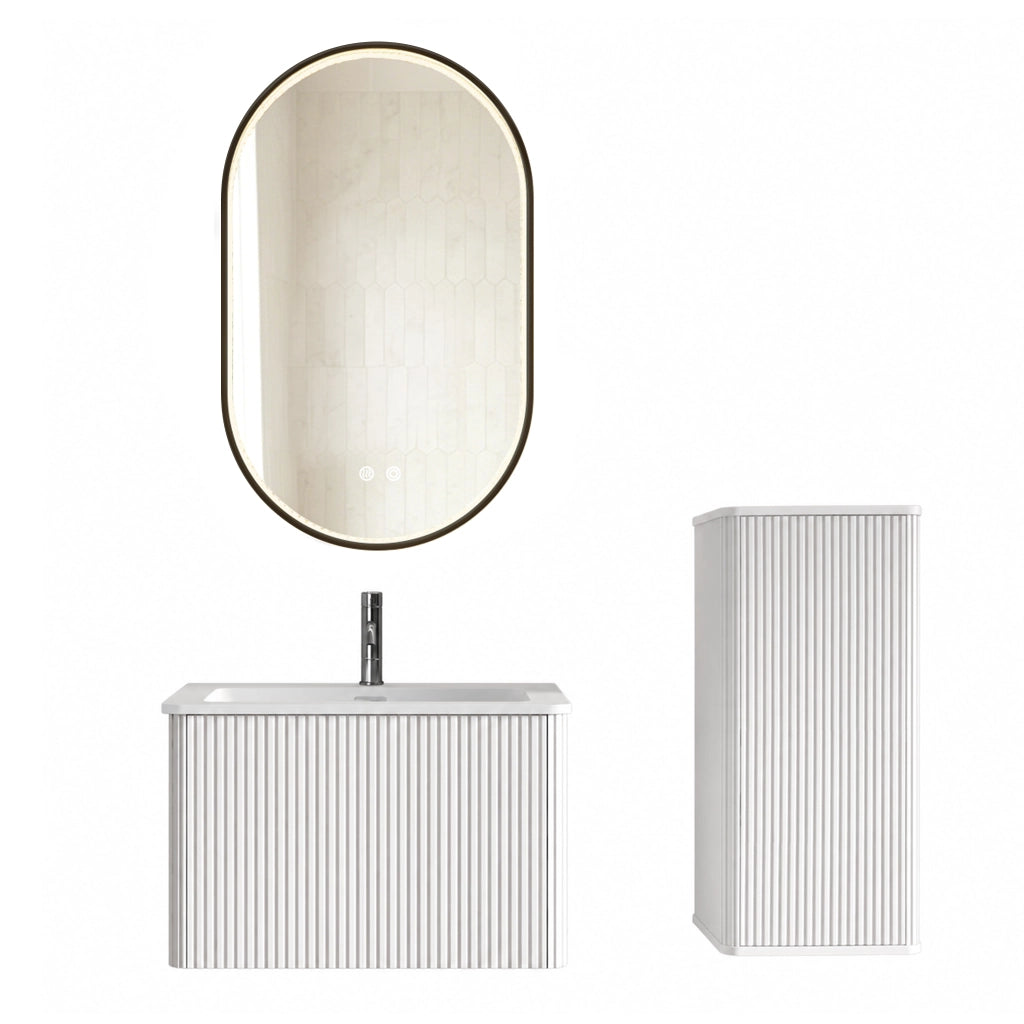 Set di mobili con lavamani sospesi con specchio LED regolabile; colonna e lavabo bianco in solid surface
