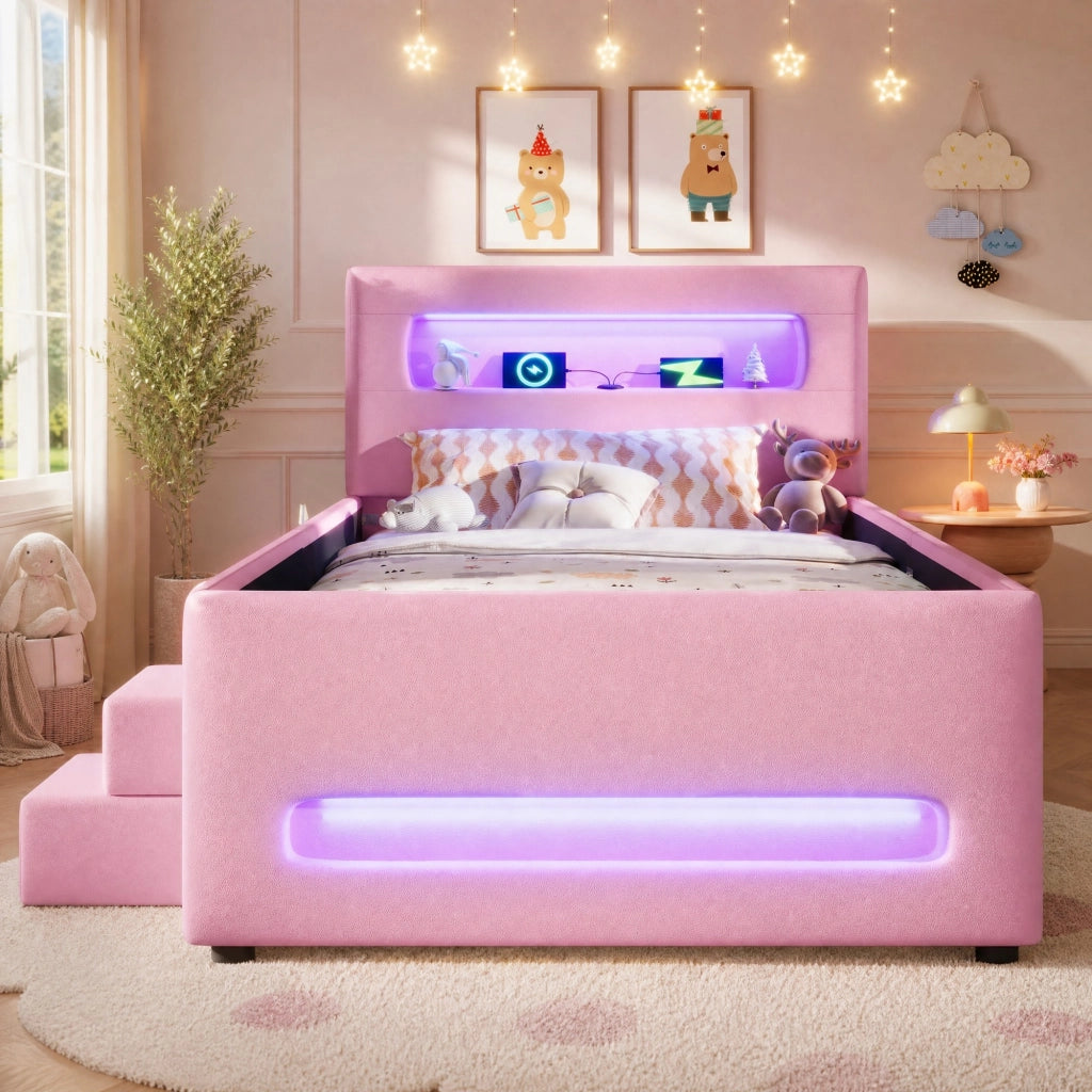 Letto con cassetti 90 × 200 cm imbottito con scala e LED in PU e MDF rosa