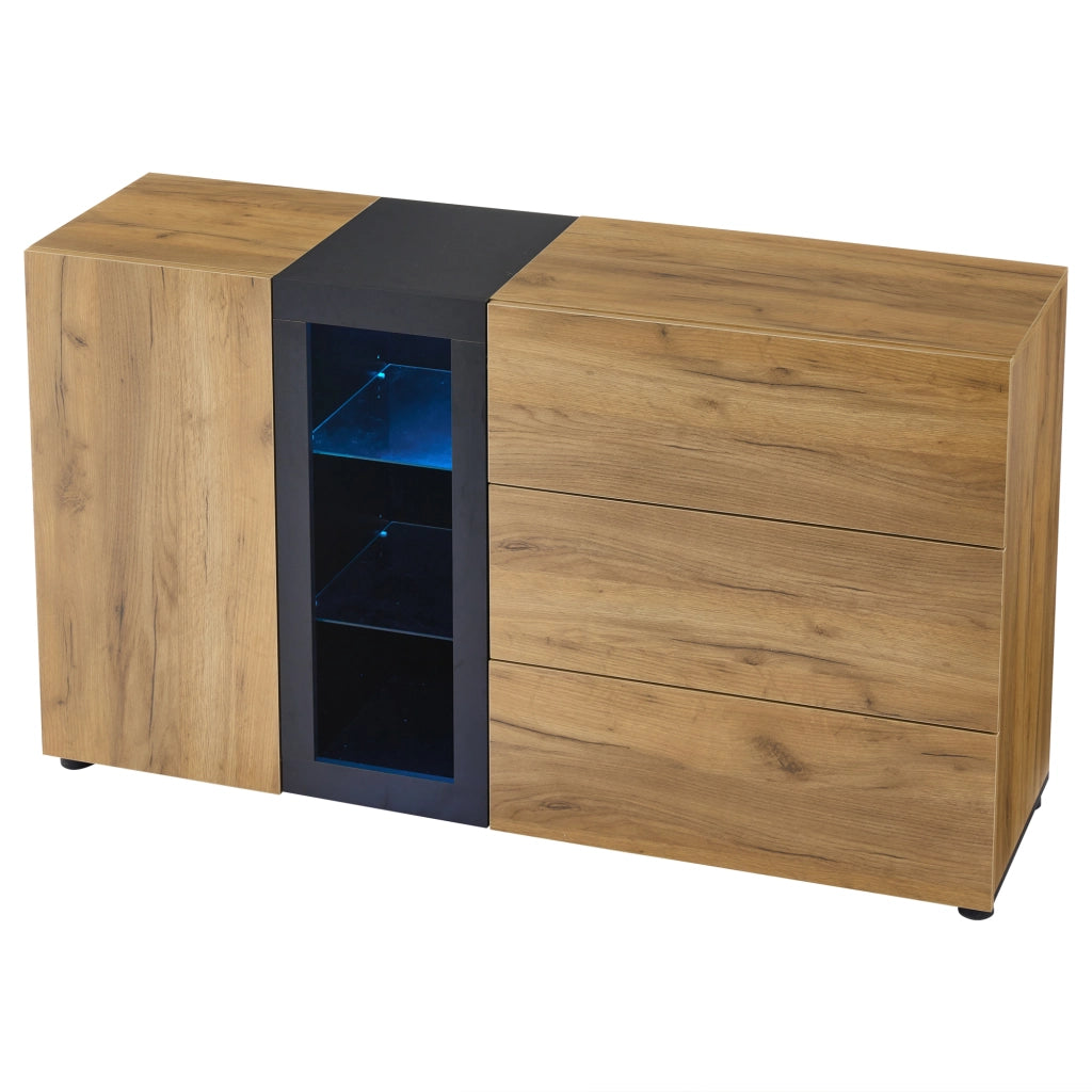 Sideboard moderno 140 cm con LED APP; 3 cassetti; ripiani in vetro; nero e marrone