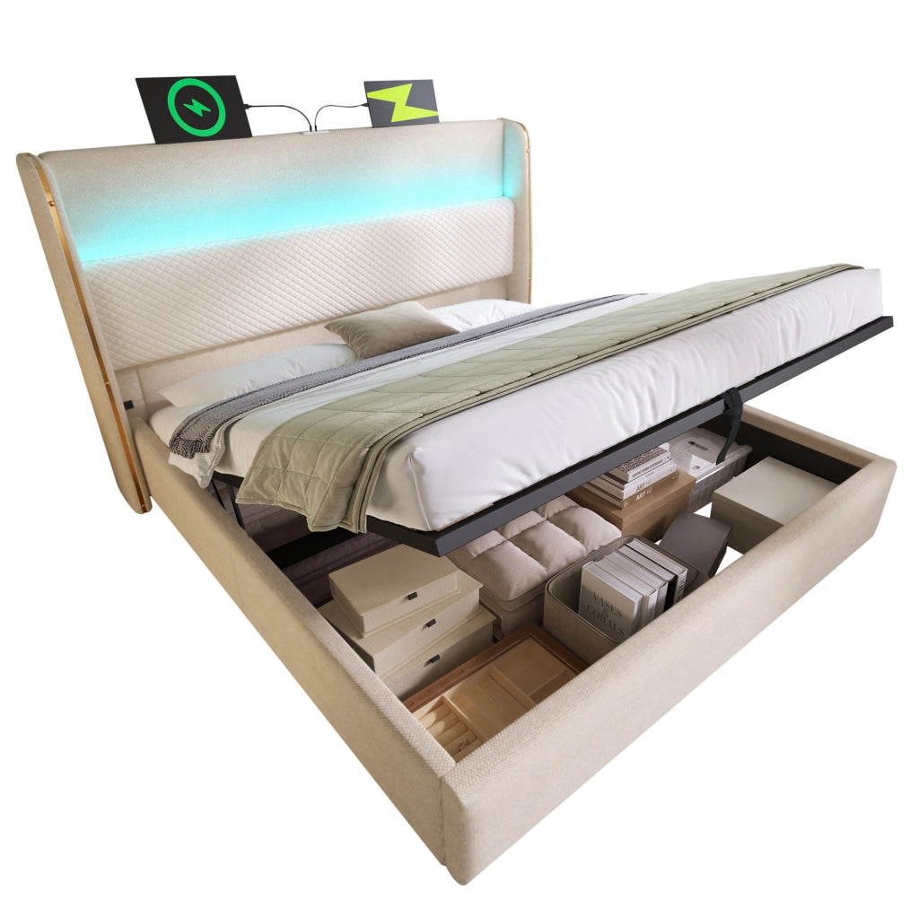Letto matrimoniale 160x200 con contenitore LED USB-C e materasso