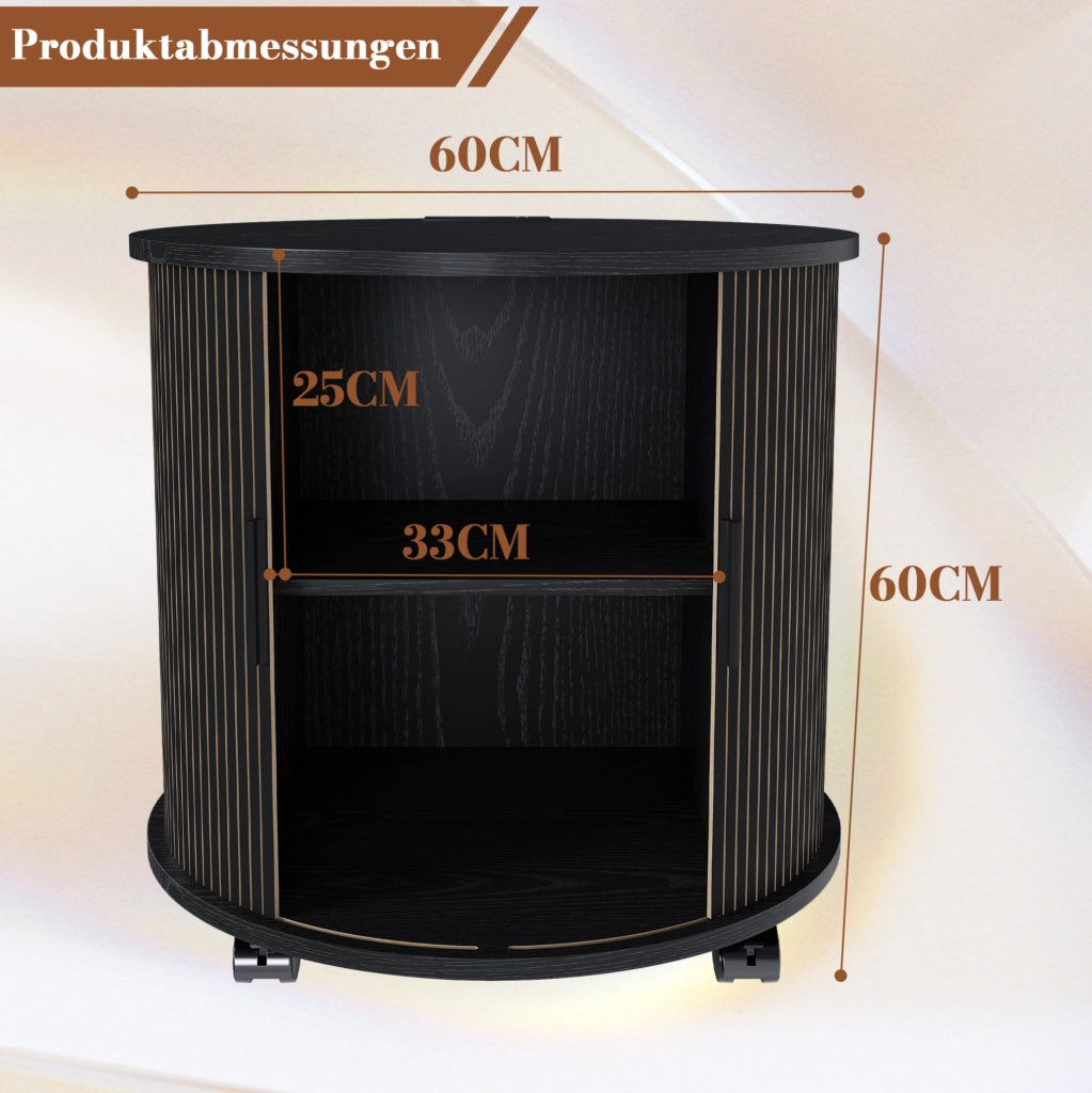 Comodino cilindrico 60x60x60 cm con presa AC e 2 USB in MDF nero