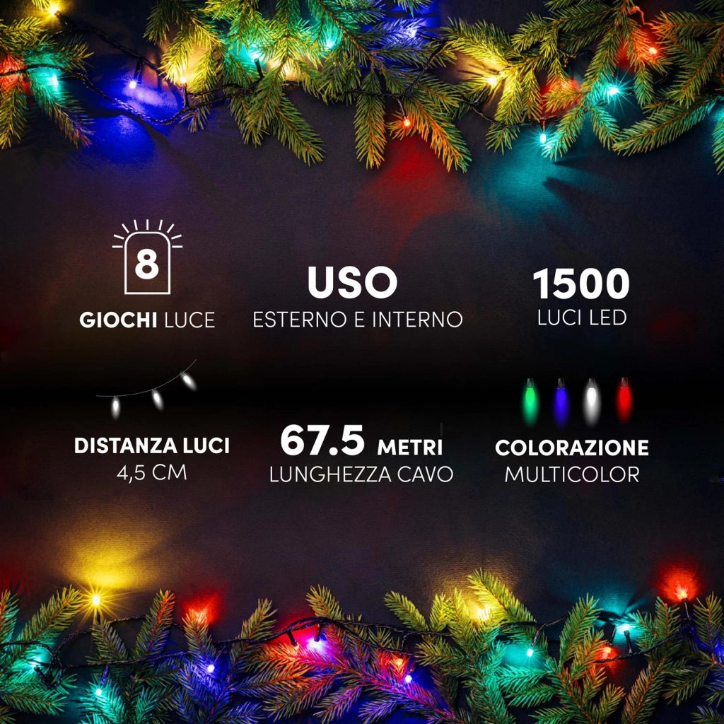HIGH-TECH FILO LED 1500 MINILUCCIOLE MULTICOLOR CON BOB 67.5 MT USO INTERNO E ESTERNO