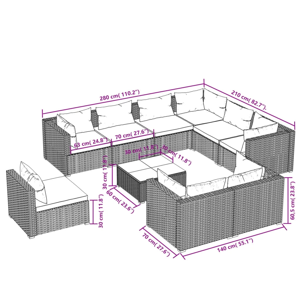 Set Divani da Giardino 10 pz con Cuscini in Polyrattan Marrone 3102651