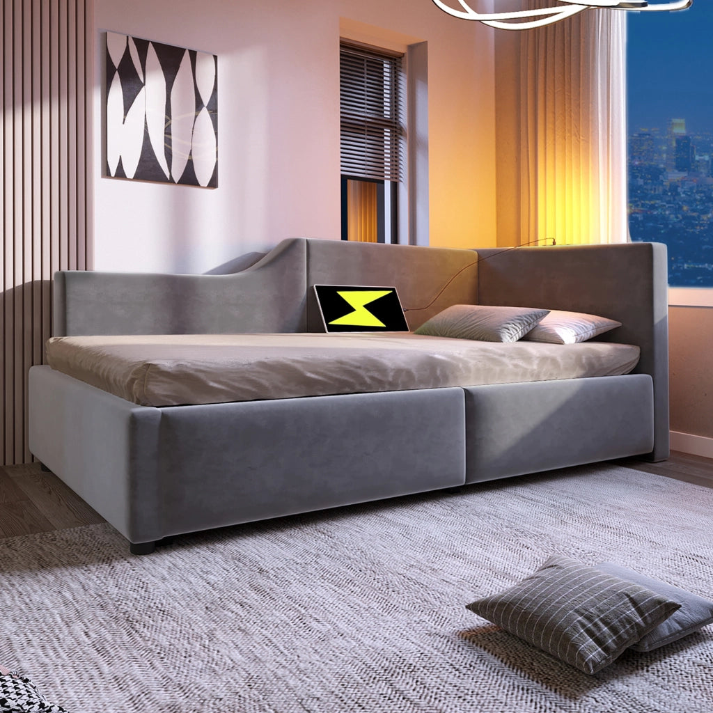 Letto singolo contenitore 90x200 cm in velluto grigio