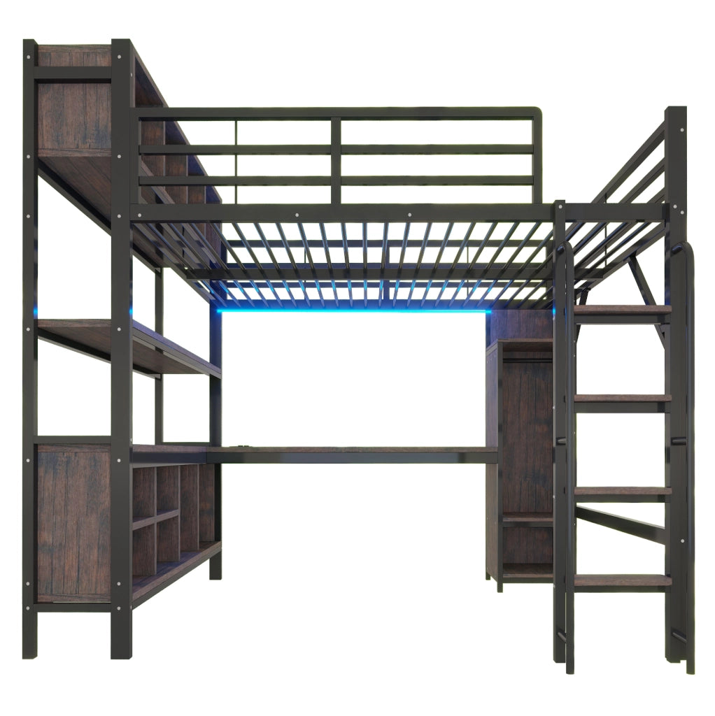 Letto a soppalco ULEVR 140x200 cm con scrivania, armadio, LED e prese UE, nero