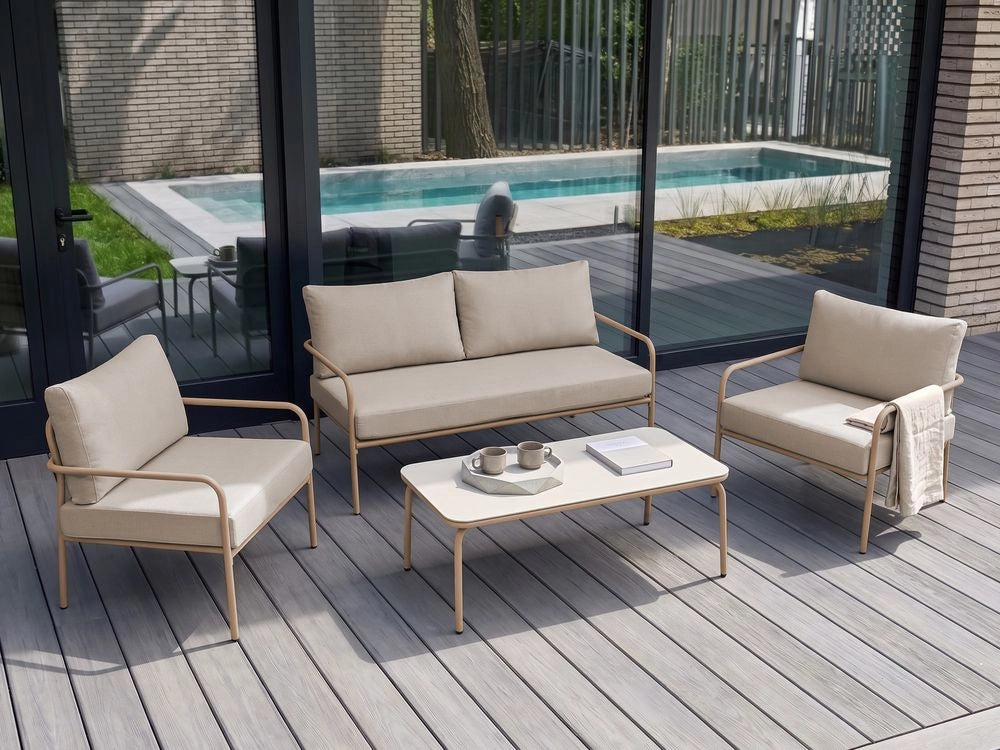 Set da giardino a 4 posti con struttura in acciaio e cuscini sfoderabili beige chiaro stile moderno