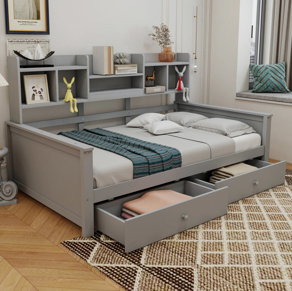 Letto divano singolo 90x200 cm con cassetti e ripiani grigio