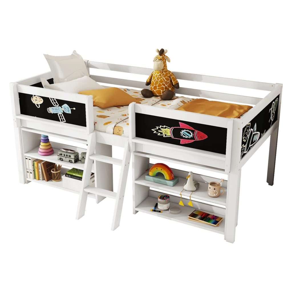 Letto per Bambini Semialto 90x200 cm con Ripiani; Scala e Sponde di Sicurezza; Pino e MDF Bianco