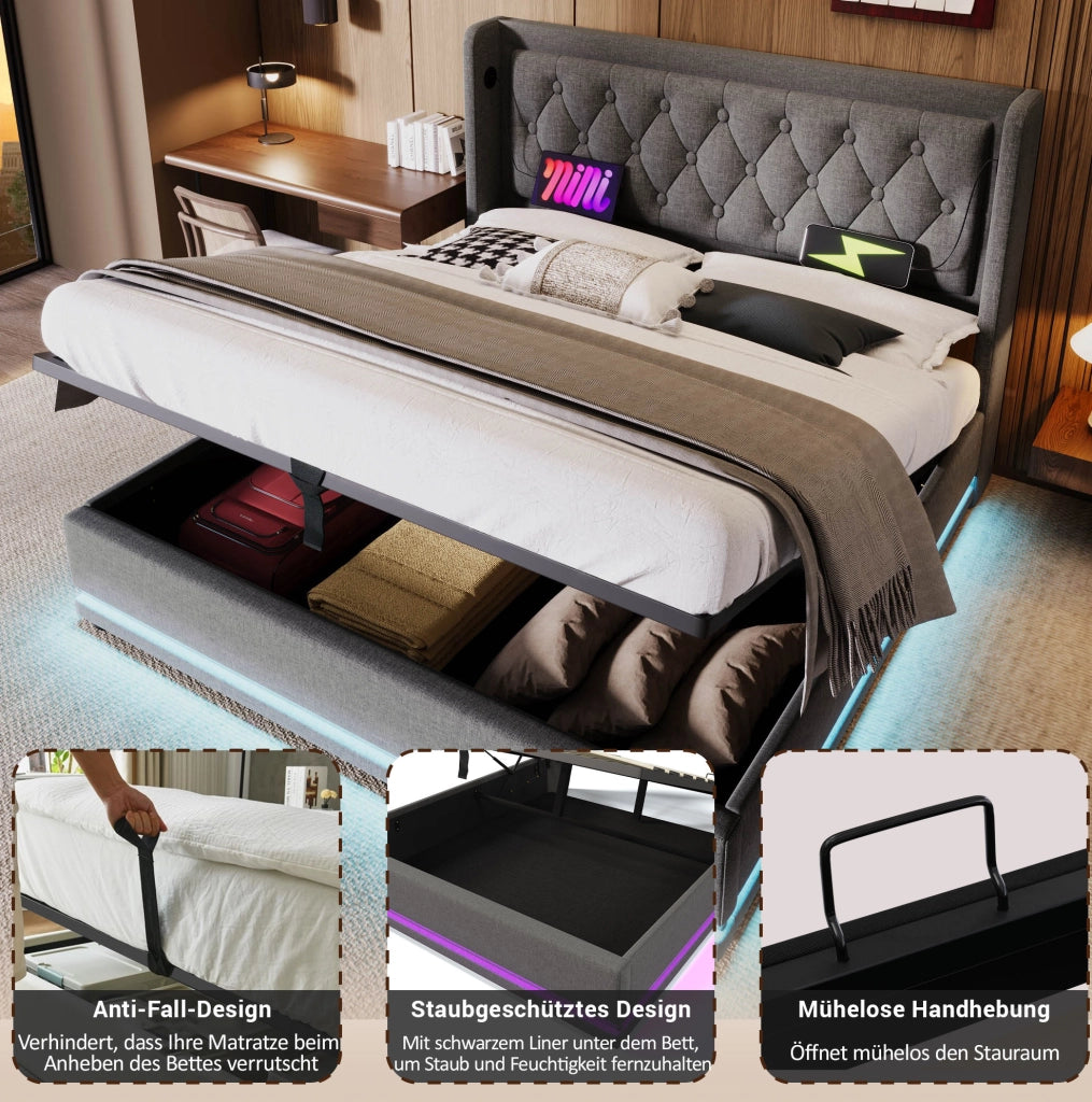 LETTO Contenitore 180x200 cm Grigio in Cotone con USB Type-C e LED