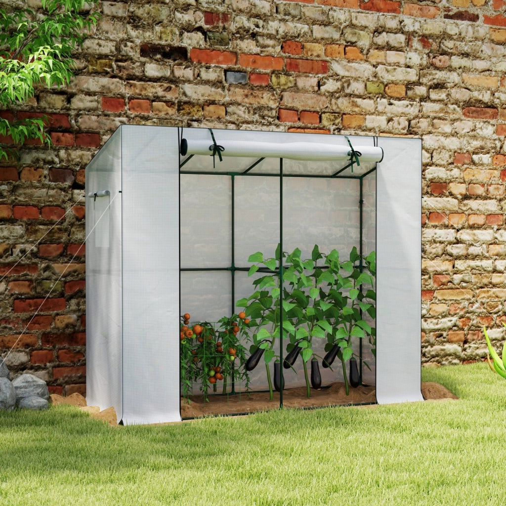 Serra addossata 200x76x170 cm acciaio bianco, porta avvolgibile, 2 finestre