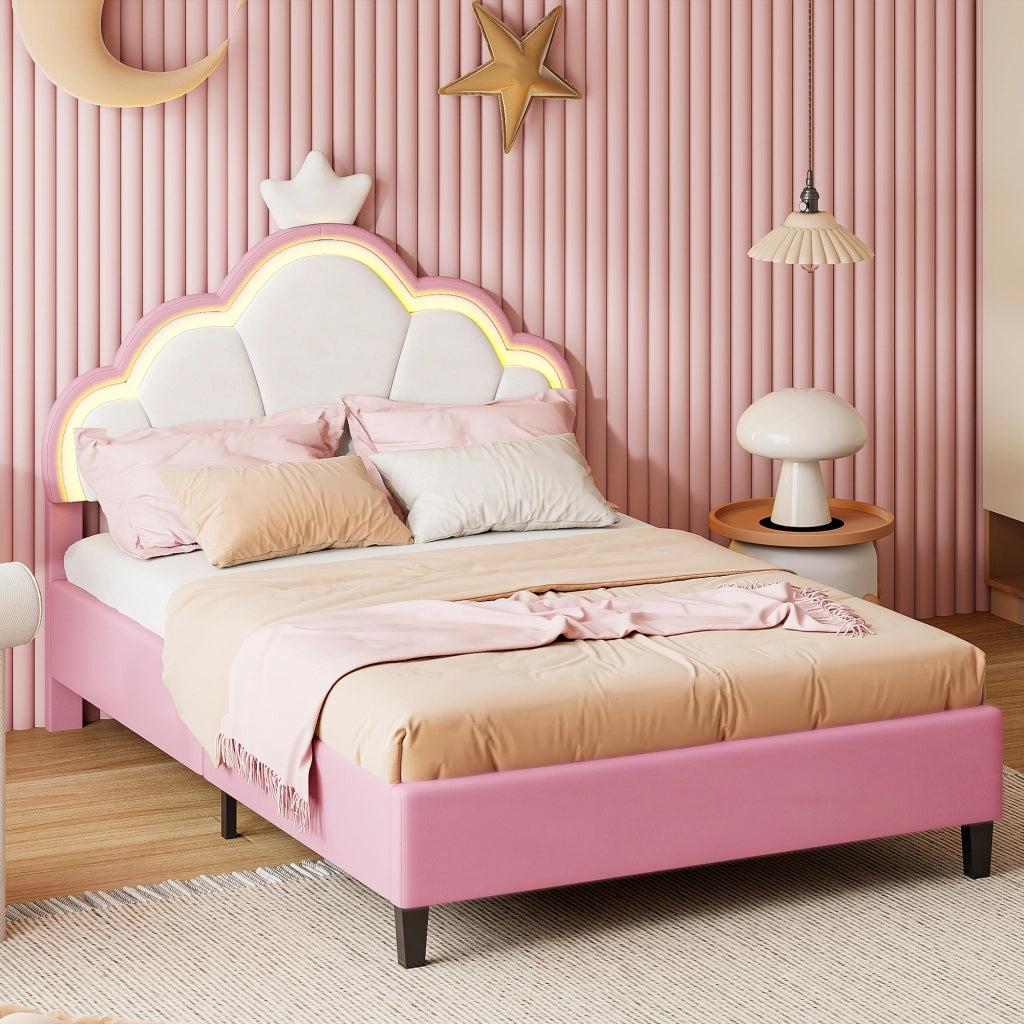 Letto Bambini 140x200 cm Imbottito;Letto matrimoniale Letto Principessa a Corona con LED; Testiera Regolabile;Letto bambina;velluto; Senza Materasso