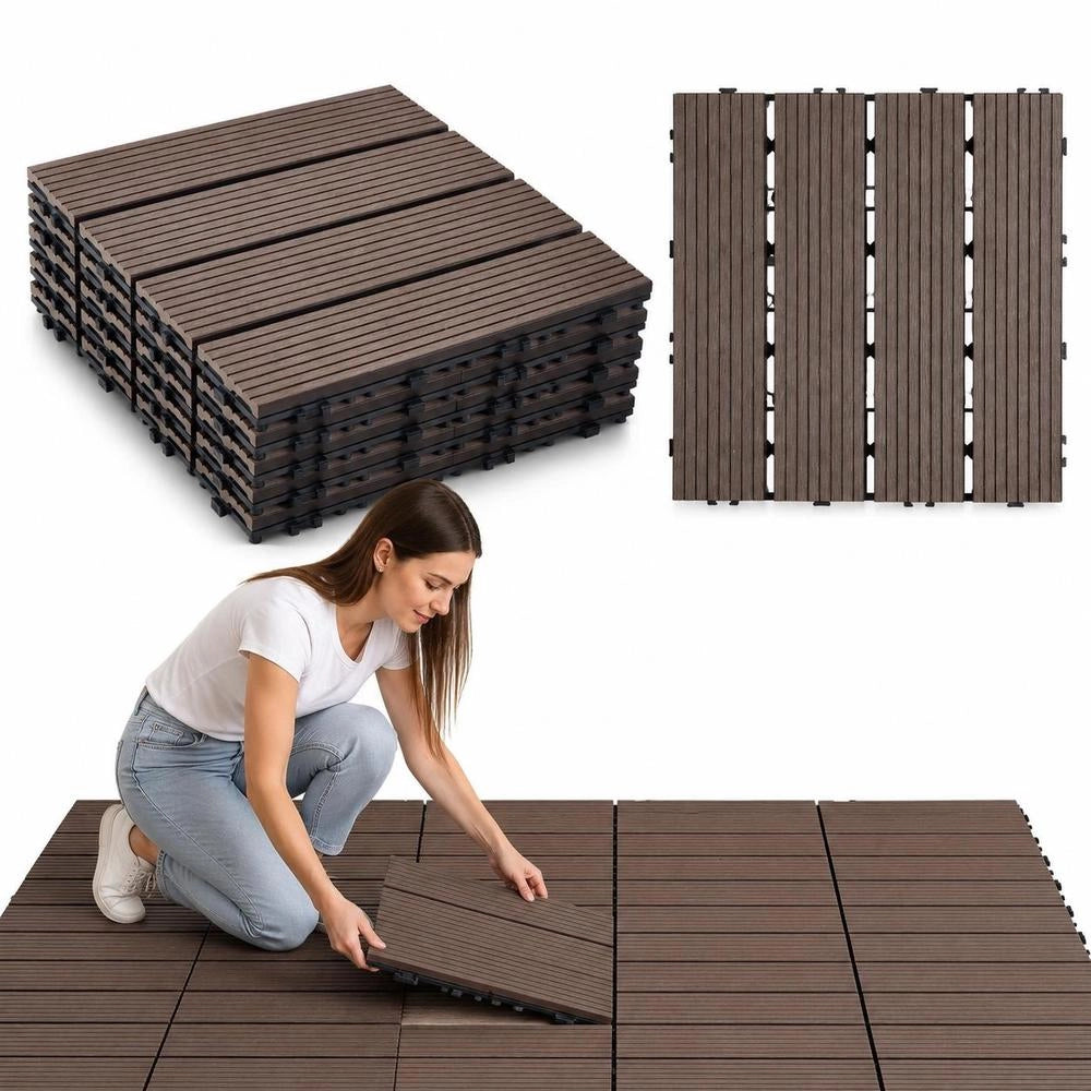 Terrace Tiles, Set Of 10, Balcony Tiles 295 X 295 Mm, Click Tiles, Waterproof Plastic Flooring For Outdoor Use, Patio Flooring For Veranda, Pool, Balcony, Dark Brown