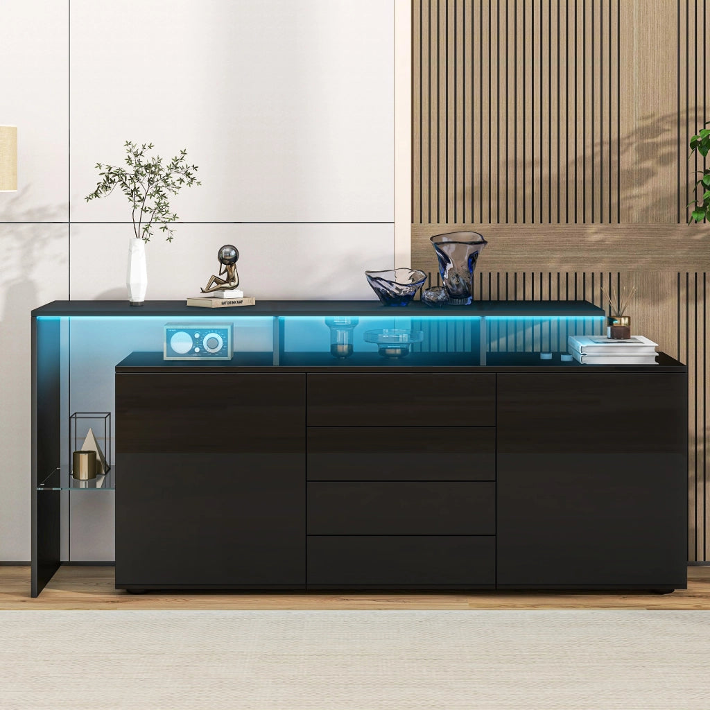 Sideboard con LED e USB 160 cm; 4 cassetti; 2 ante; in truciolare nero