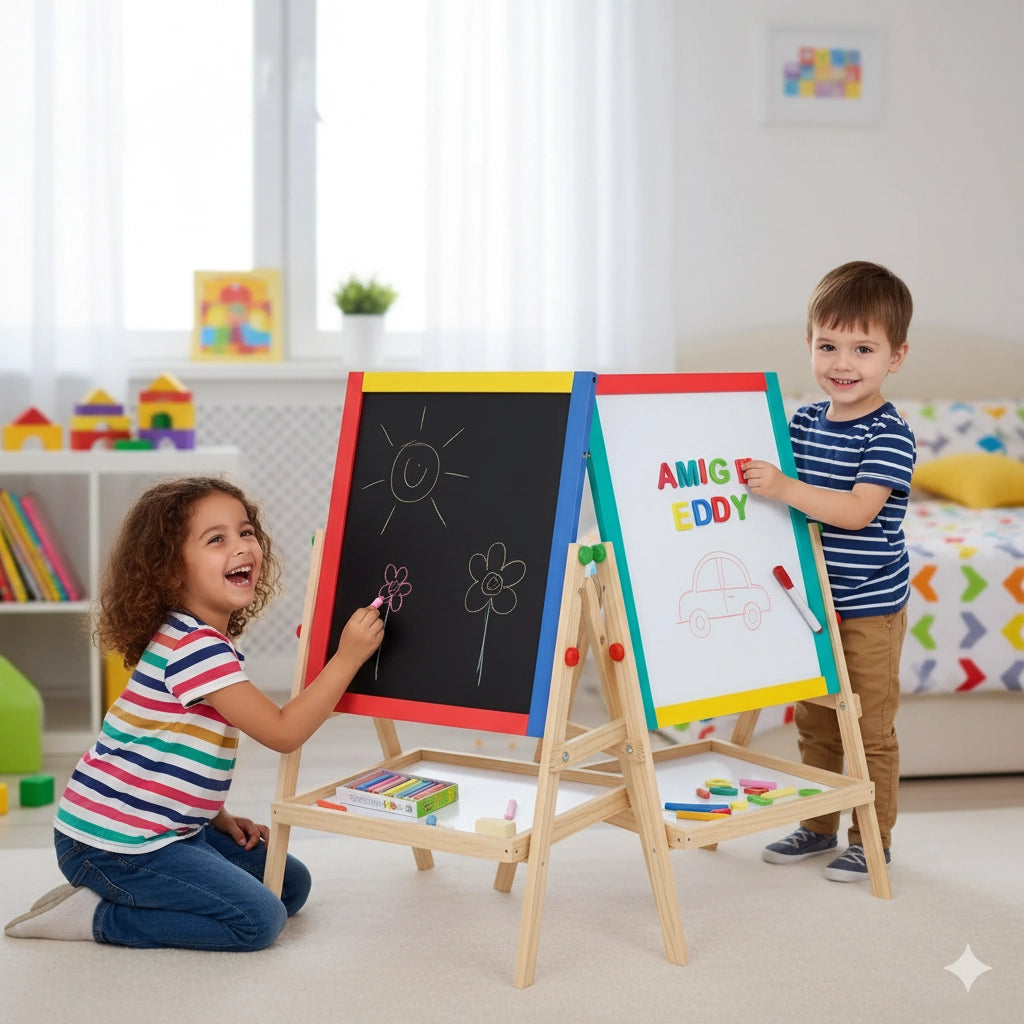 Lavagna per Bambini Magnetica e Tradizionale con Cavalletto in Legno H65 Kids Joy