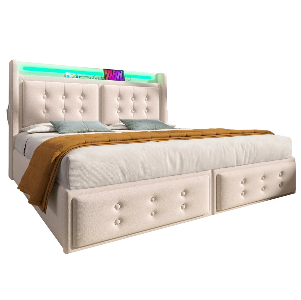 Letto matrimoniale 140x200 beige con materasso, LED, USB e cassetti