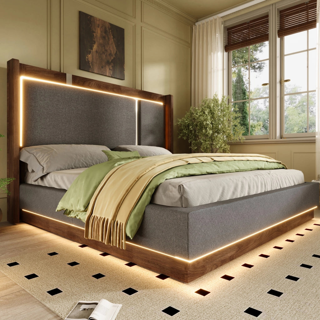 LETTO con contenitore e LED 160x200 cm Grigio e Noce