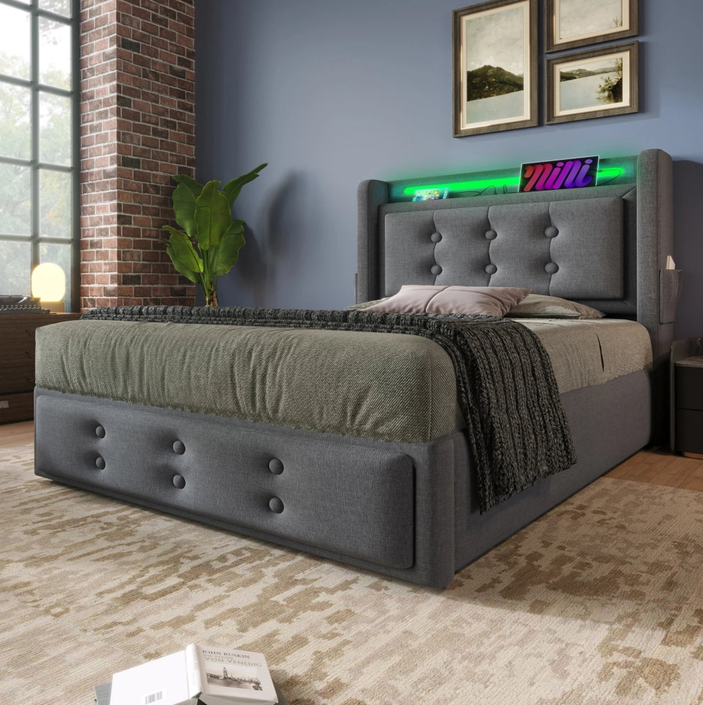 LETTO 90x200 cm con testiera LED e USB, cotone-lino grigio, materasso incluso
