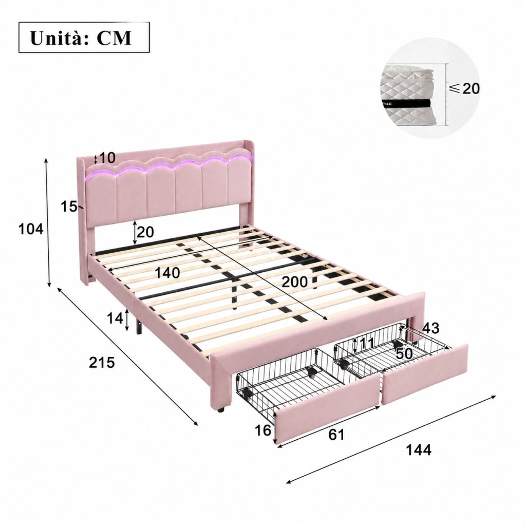 Letto imbottito rosa 140x200 cm con due cassetti e LED; velluto