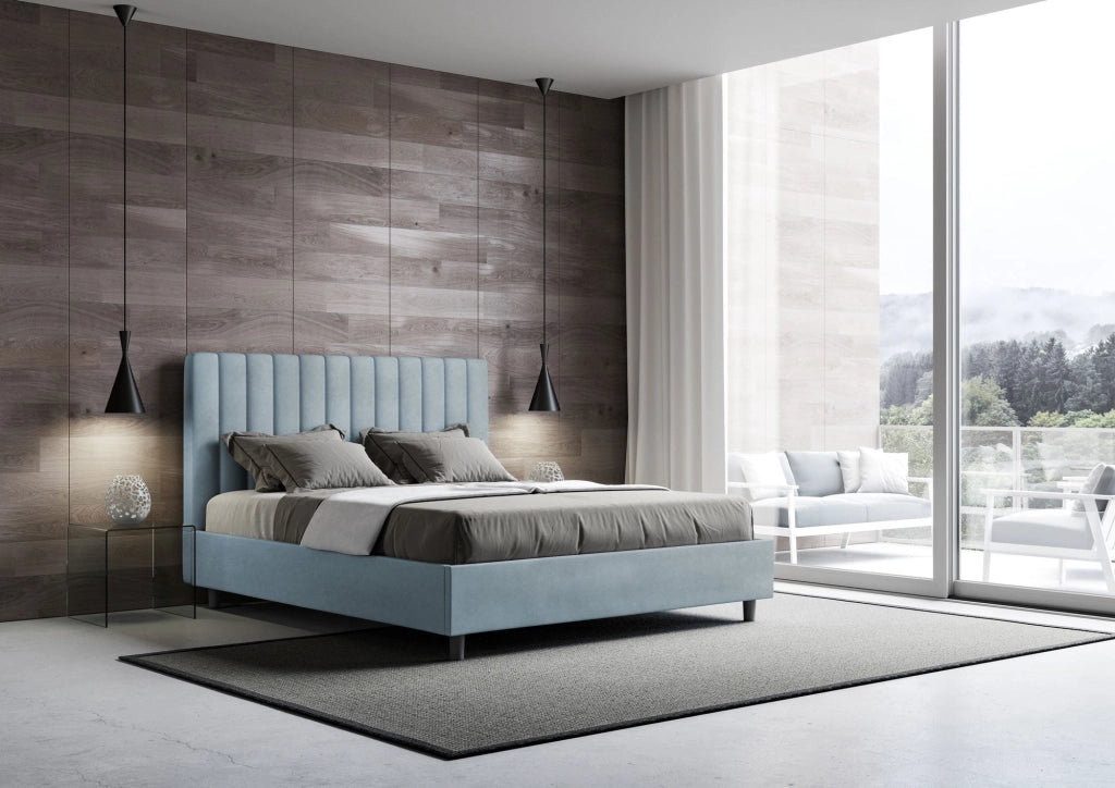 Letto Matrimoniale 160x190 cm con Rete e Contenitore Agueda Azzurro