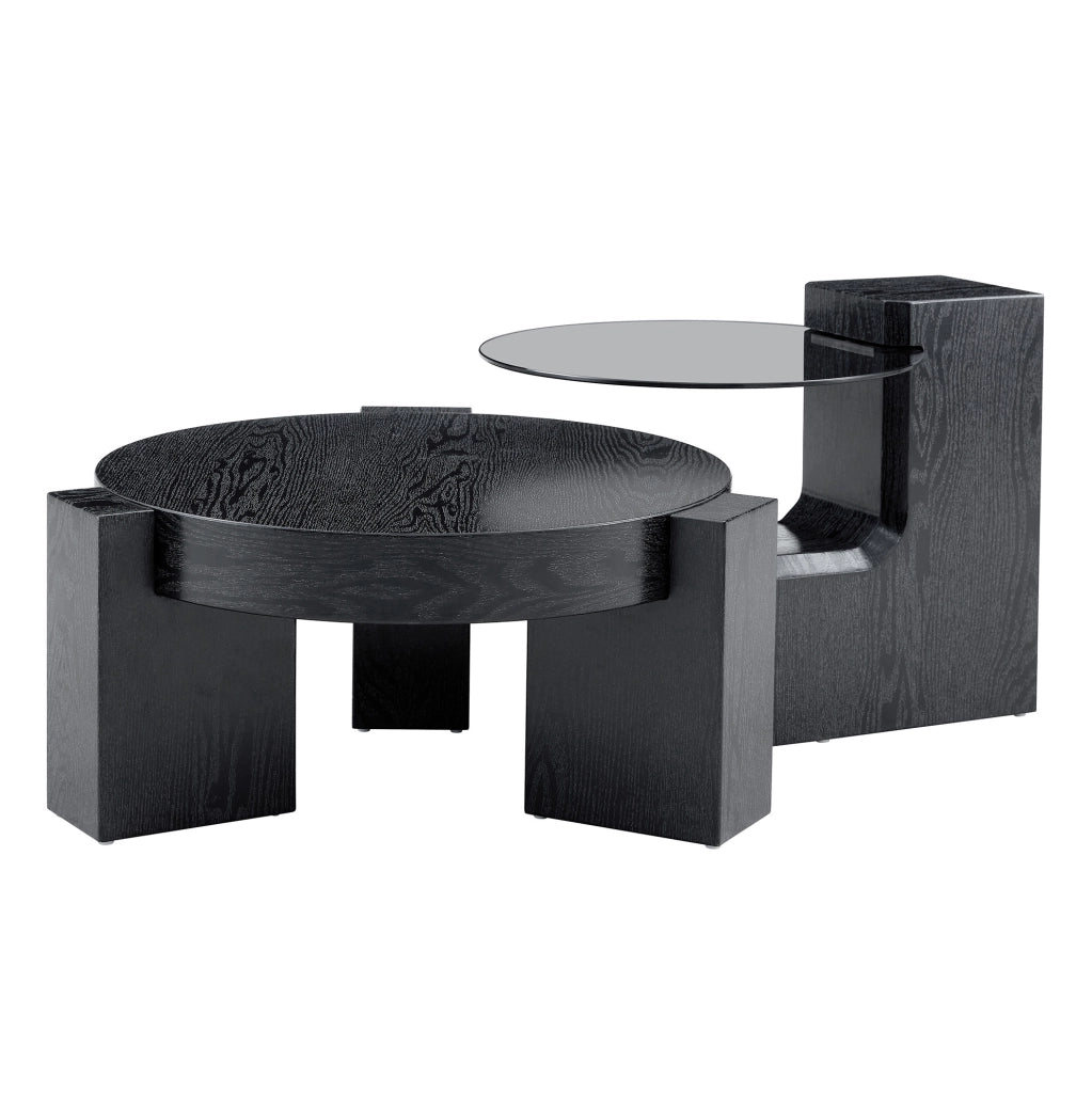 TAVOLINO DA CAFFÈ ROTONDO A 2 RIPIANI 61 CM NERO E VETRO GRIGIO Set da 2 pezzi
