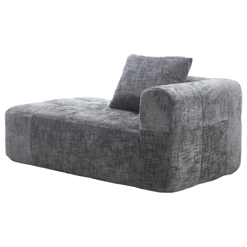 Divano chaise longue in chenille grigio con tasche laterali e cuscino