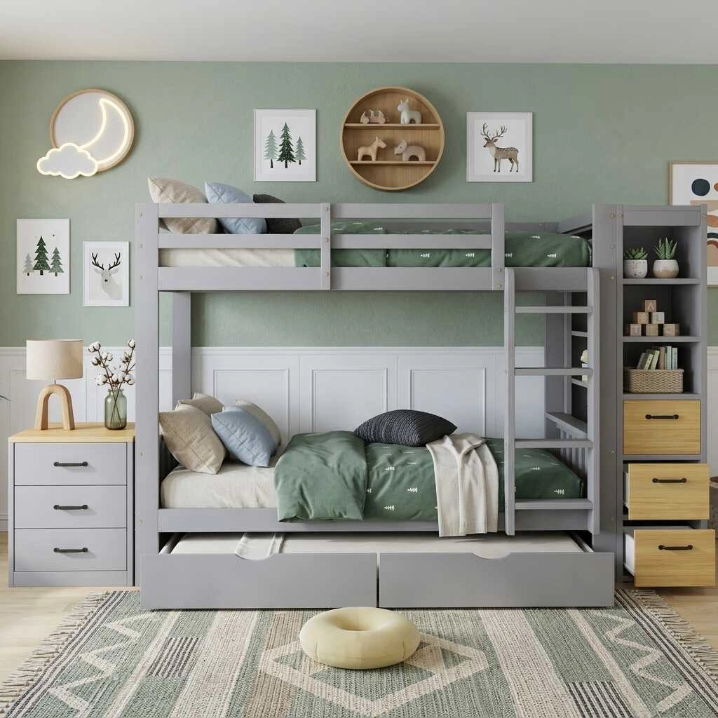 Letto a castello 90x200 cm grigio con cassetti; ripiani laterali e comodino separato