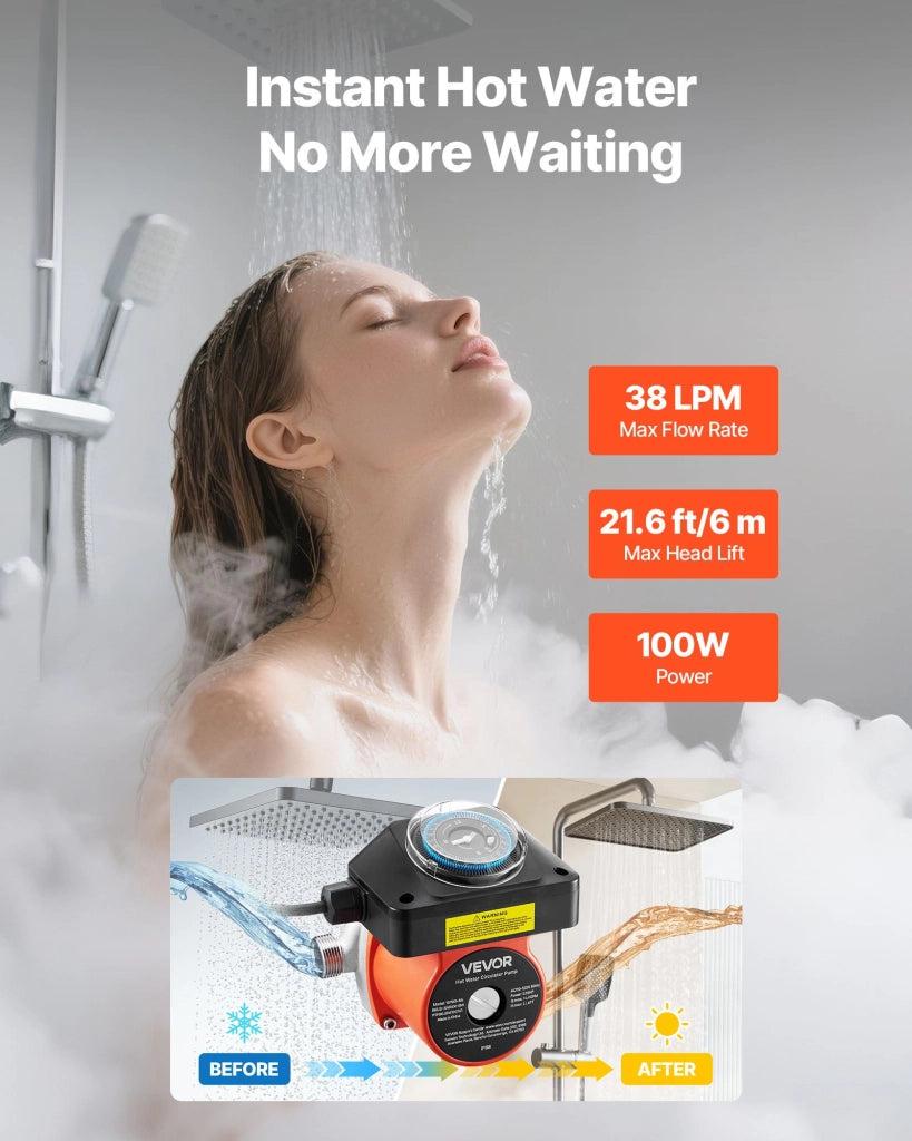 Pompa di Ricircolo Acqua Calda 100W 38L/min con Timer Pompa di Circolazione per Caldaia Scaldabagno 220-240V IPX8 15PBG-6B