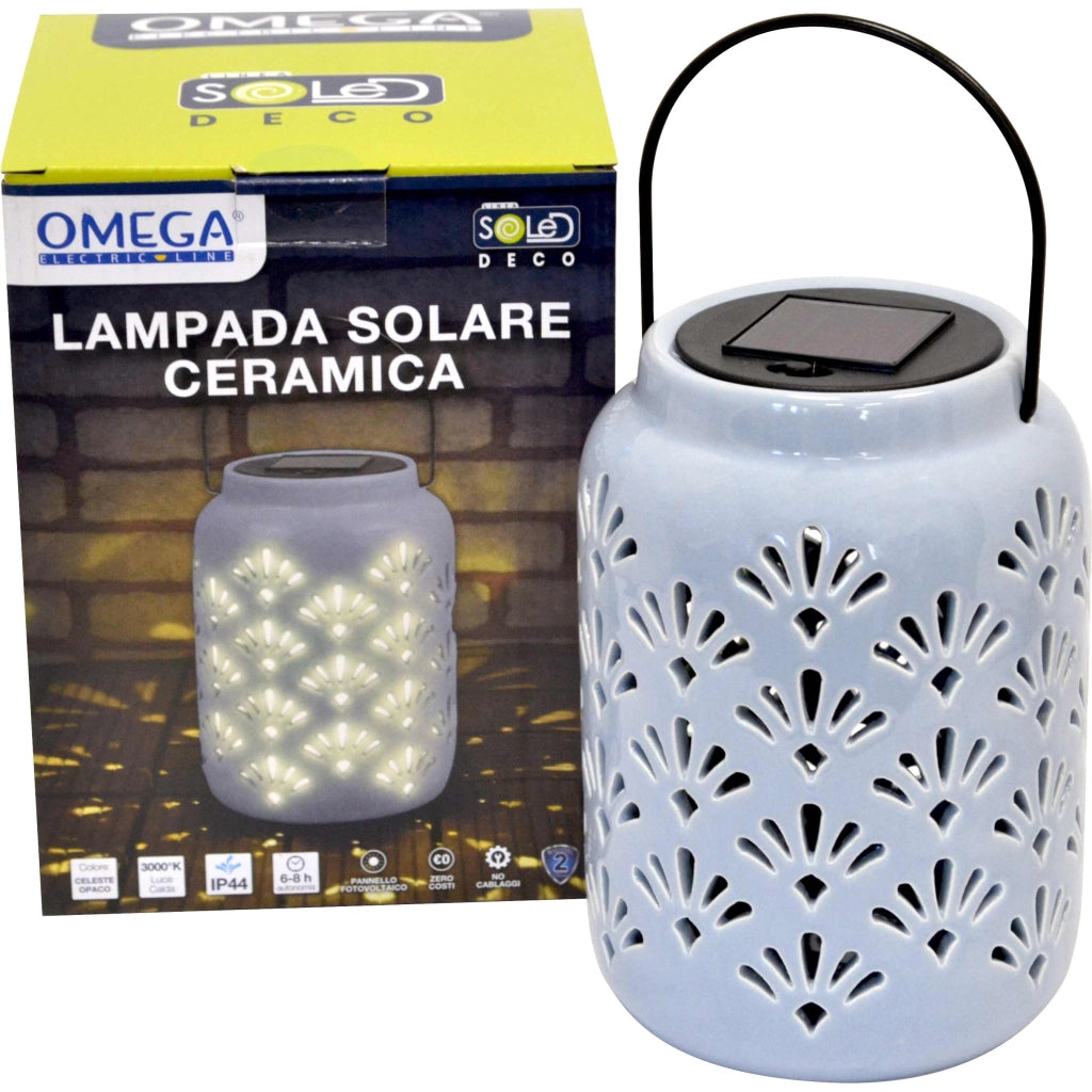 Lampada solare ceramica  grande c/appendino celeste