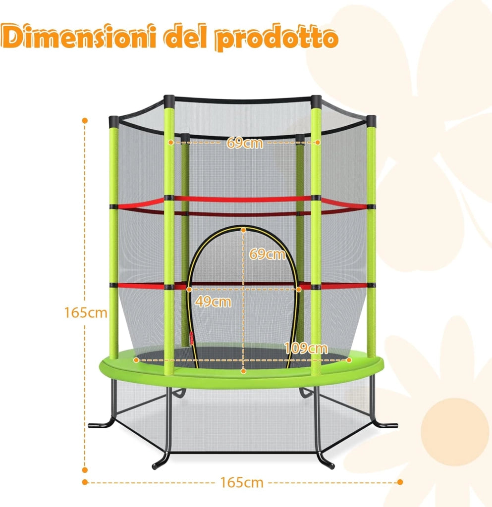 Trampolino Elastico Bambino in Acciaio, Tappeto Elastico Bambini da Esterno e da Interno, con Rete e Cusicnetti Antiscivolo（Verde)