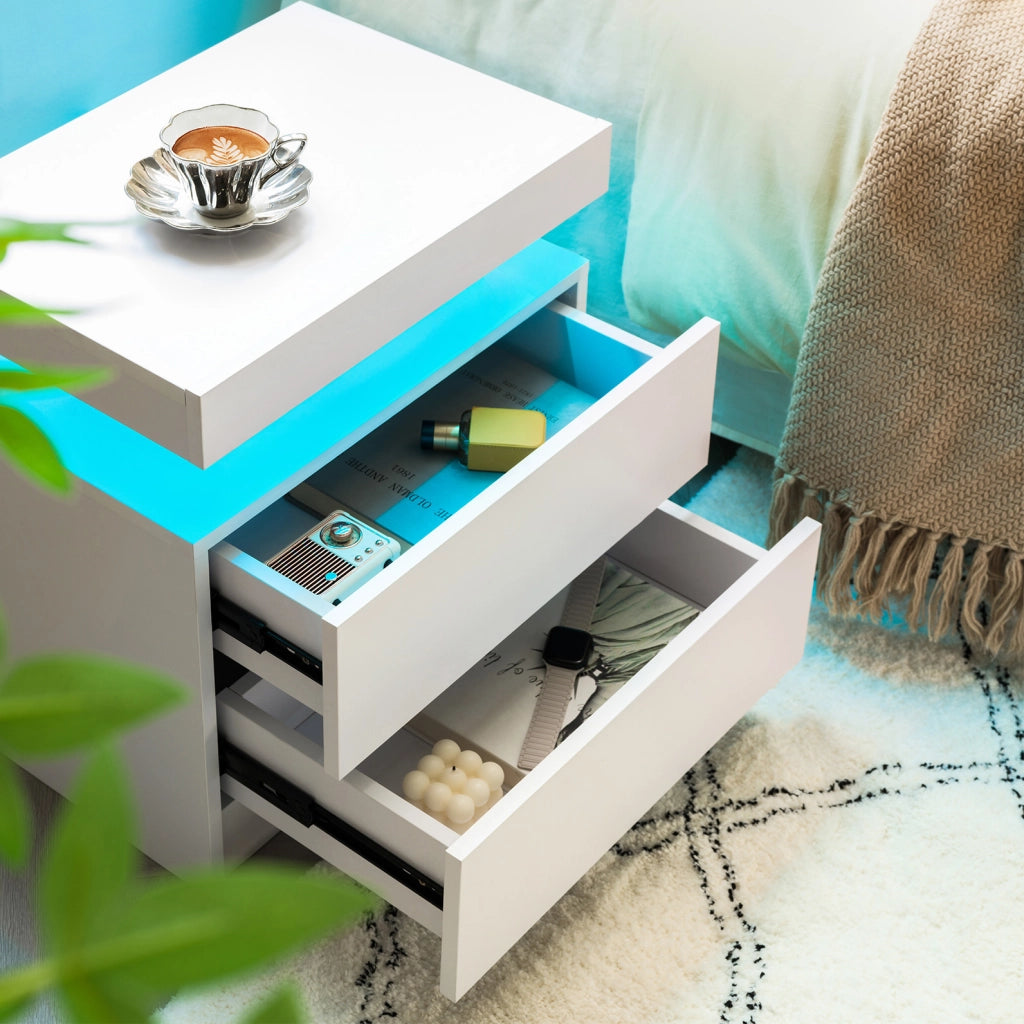 Comodino moderno bianco con LED multicolore regolabile; 2 cassetti e vano a giorno