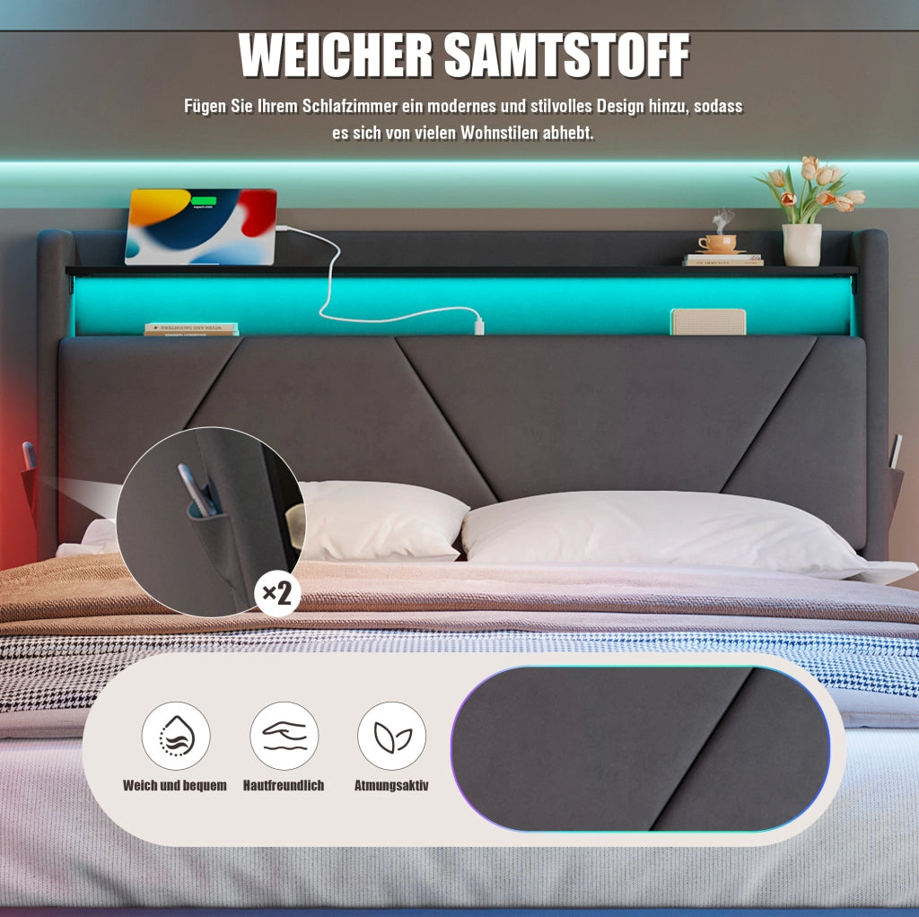 LETTO imbottito 160x200 cm in velluto grigio scuro con LED e porte USB/Type-C