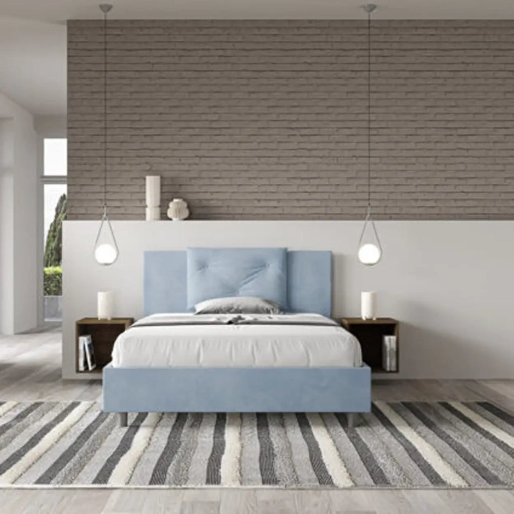 Letto matrimoniale francese con rete imbottito 140x210 microfibra azzurro Appia