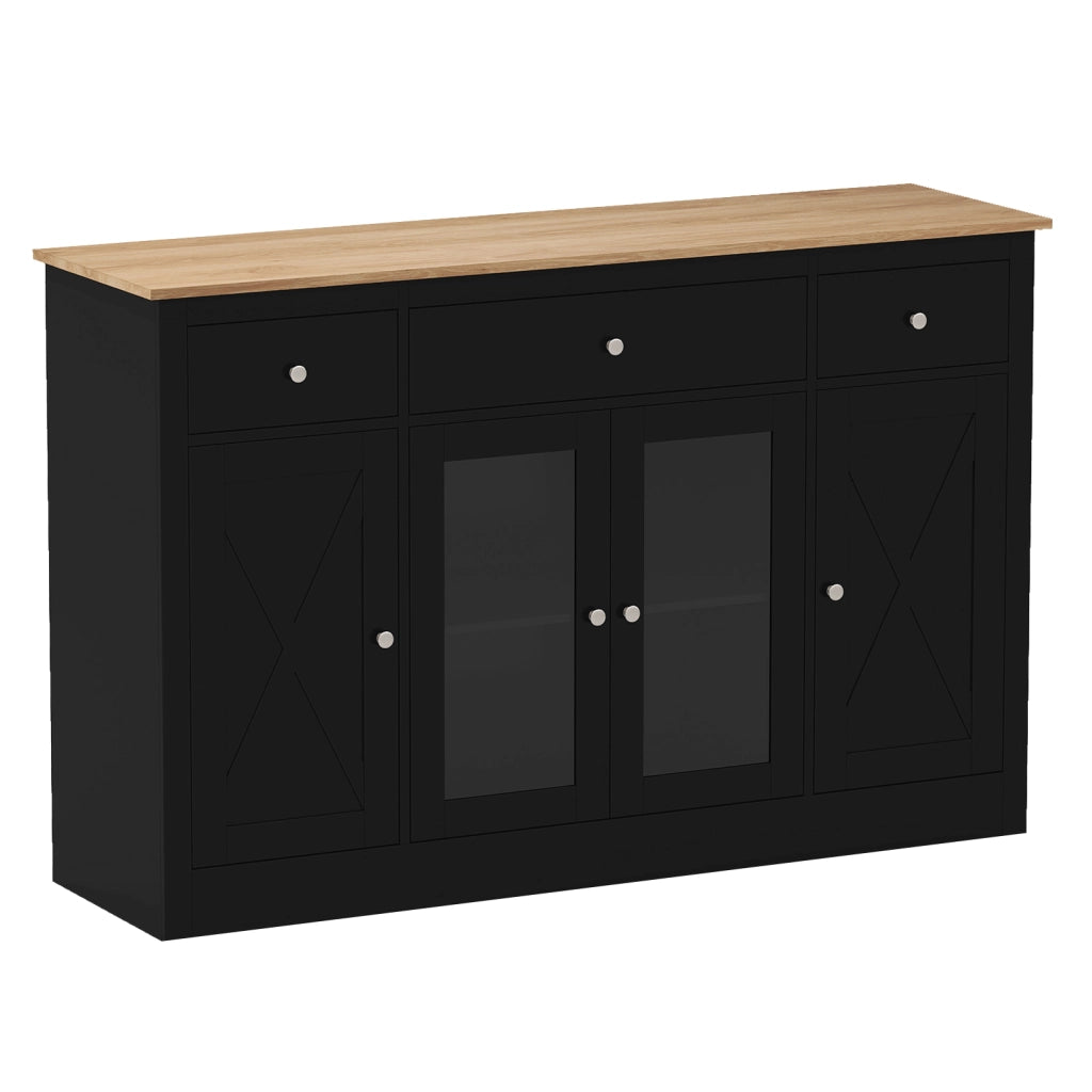Buffet laterale grande 140 cm con 3 cassetti 2 ante trasparenti-Armadio da Cucina Mobiletto moderno con ripiani regolabili per sala pranzo Nero