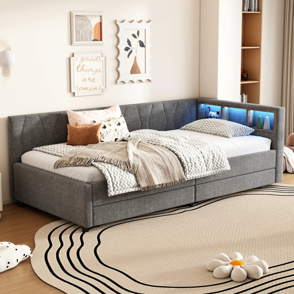 Letto singolo a divano 90 × 200 cm con rete a doghe in lino e MDF grigio con cassetti e LED