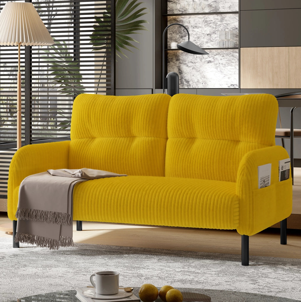 Set divano 3 pezzi in corduroy giallo con poltrona; pouf e divano 2 posti; 120 cm