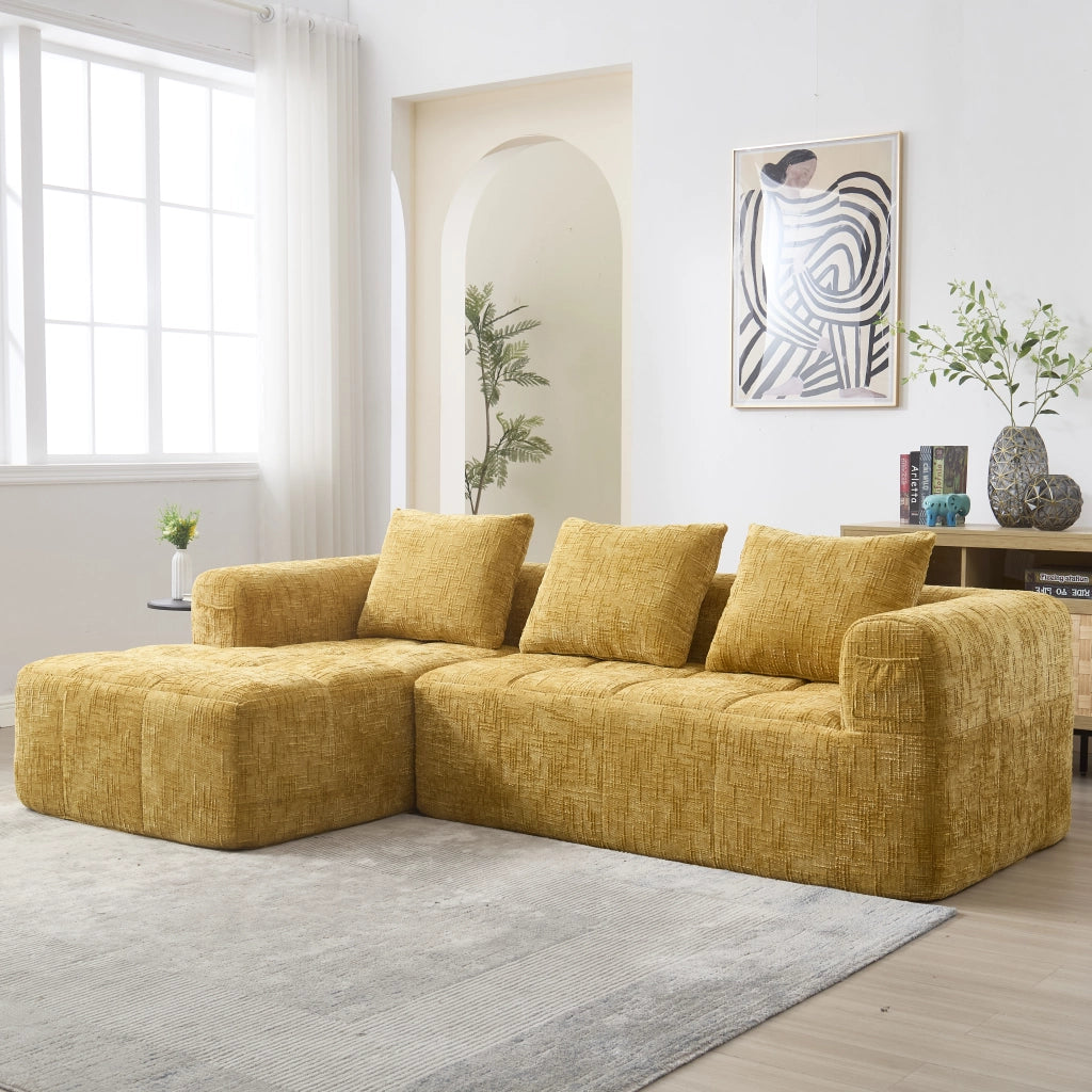 Divano componibile 3 posti in ciniglia gialla con chaiselongue; 250 cm