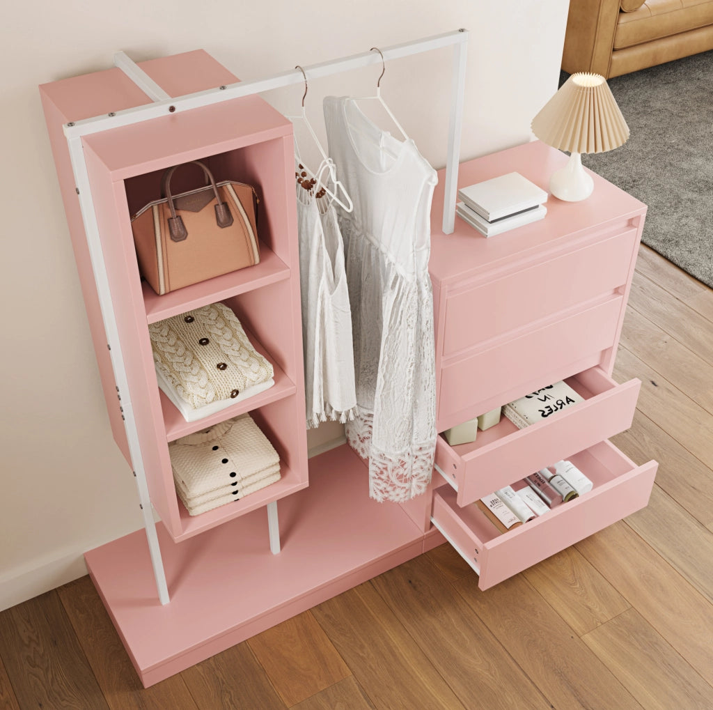 Armadio con cassetti e barra appendiabiti 140x40x135 cm rosa e bianco