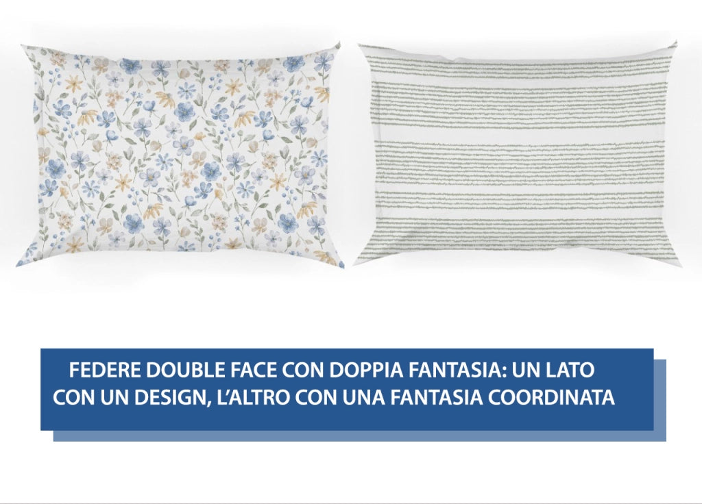 Coppia Federe Cuscino Letto Double Face 100% Cotone Disegno Primavera GI - Federe - Azzurro