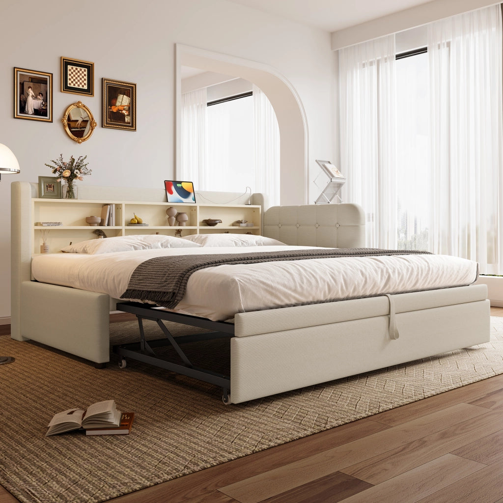 Letto singolo estraibile con USB e Type-C in lino beige con rete a doghe e ripiani integrati