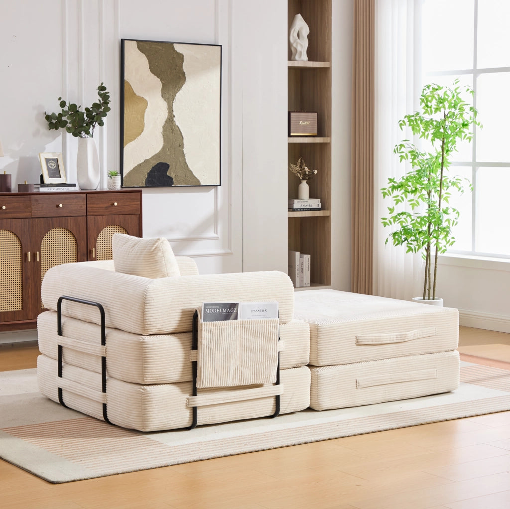Divano modulare in corduroy beige con pouf, cuscino e tasca laterale